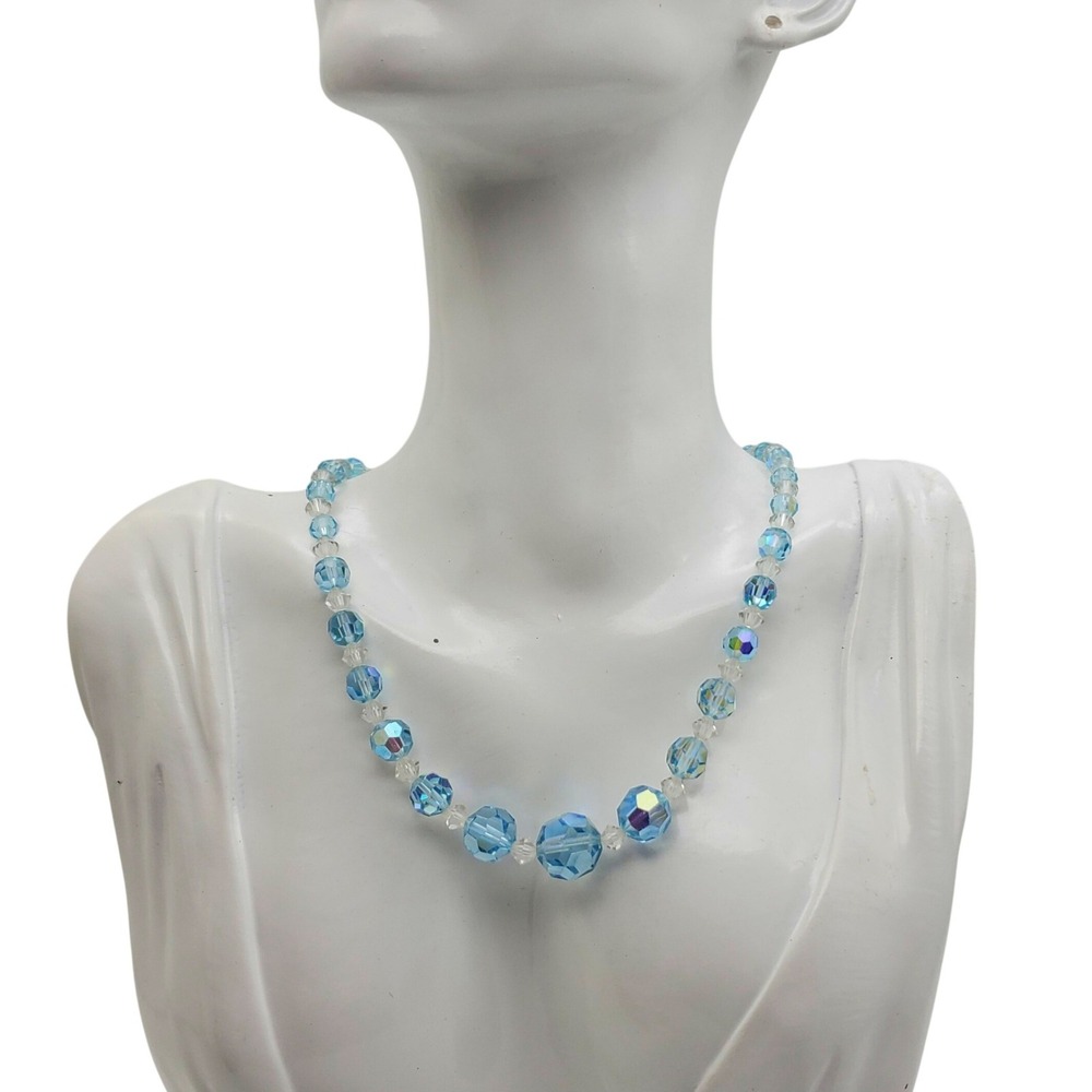 West Germany Blue AB Crystal Beads Choker Aurora Borealis Graduated Necklace Vtg